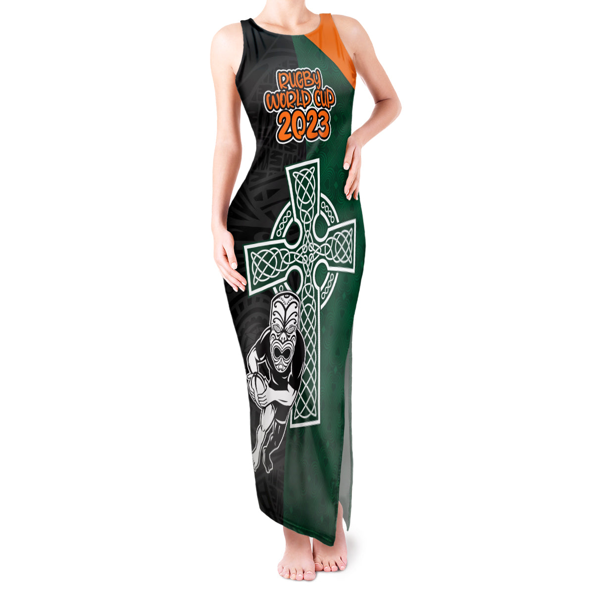 Custom New Zealand Ireland Rugby Tank Maxi Dress Warrior Black Fern and Shamrocks World Cup 2023 - Wonder Print Shop