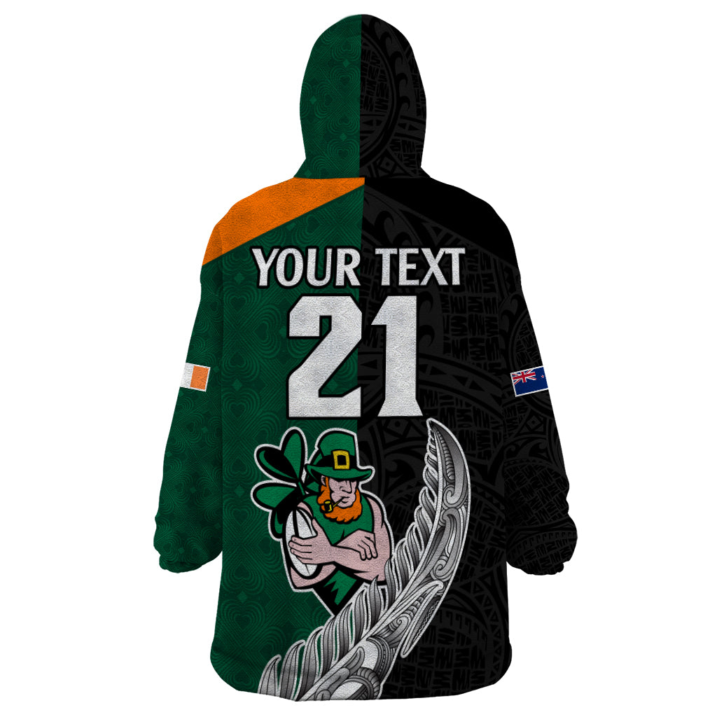 Custom New Zealand Ireland Rugby Wearable Blanket Hoodie Warrior Black Fern and Shamrocks World Cup 2023 - Wonder Print Shop