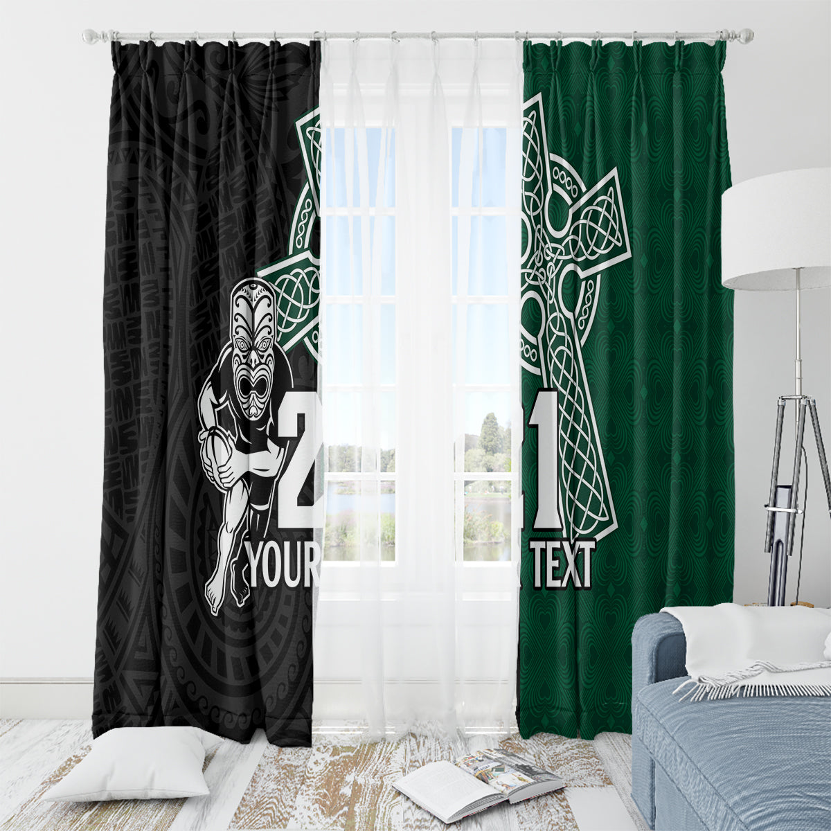Custom New Zealand Ireland Rugby Window Curtain Warrior Black Fern and Shamrocks World Cup 2023 - Wonder Print Shop
