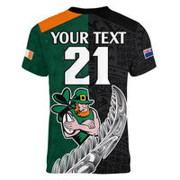 Custom New Zealand Ireland Rugby Women V Neck T Shirt Warrior Black Fern and Shamrocks World Cup 2023 - Wonder Print Shop