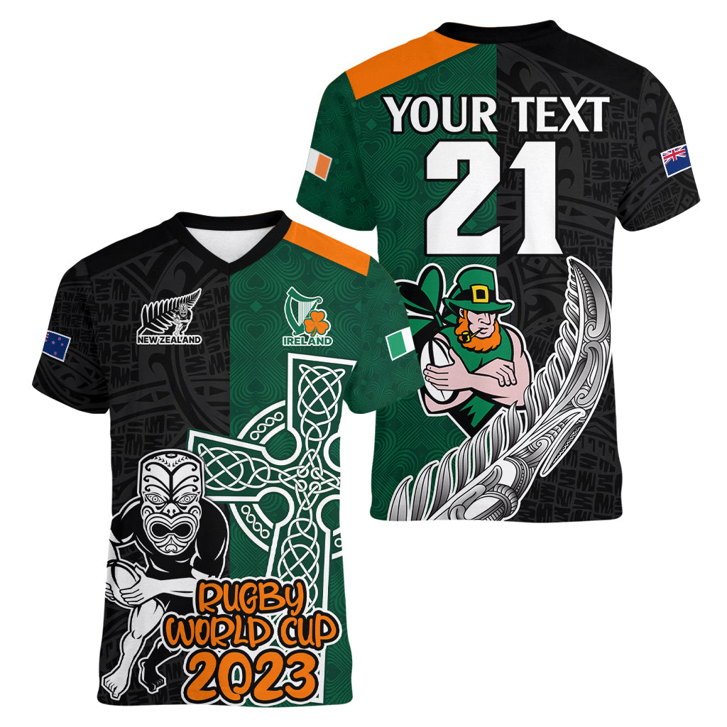 Custom New Zealand Ireland Rugby Women V Neck T Shirt Warrior Black Fern and Shamrocks World Cup 2023 - Wonder Print Shop