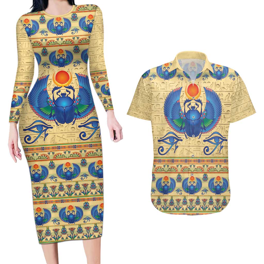 Ancient Egypt Scarab Beetle Couples Matching Long Sleeve Bodycon Dress and Hawaiian Shirt LT9 - Wonder Print Shop
