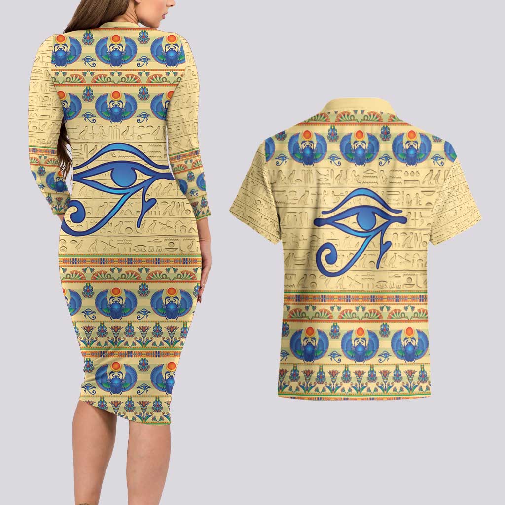 Ancient Egypt Scarab Beetle Couples Matching Long Sleeve Bodycon Dress and Hawaiian Shirt LT9 - Wonder Print Shop