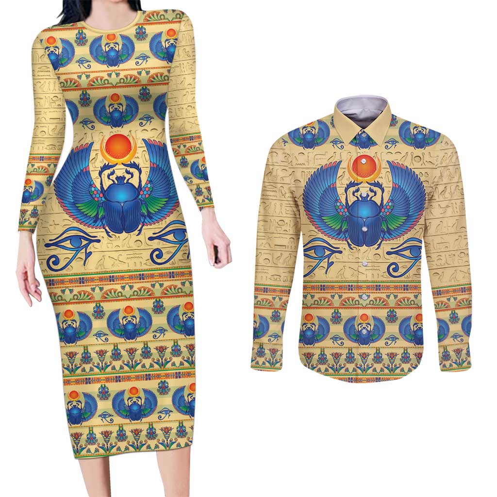 Ancient Egypt Scarab Beetle Couples Matching Long Sleeve Bodycon Dress and Long Sleeve Button Shirt LT9 - Wonder Print Shop
