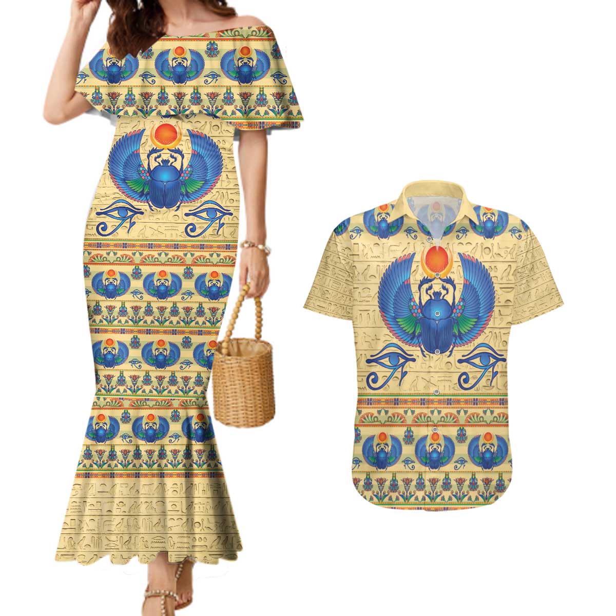 Ancient Egypt Scarab Beetle Couples Matching Mermaid Dress and Hawaiian Shirt LT9 - Wonder Print Shop