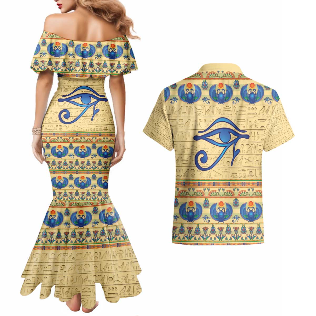 Ancient Egypt Scarab Beetle Couples Matching Mermaid Dress and Hawaiian Shirt LT9 - Wonder Print Shop