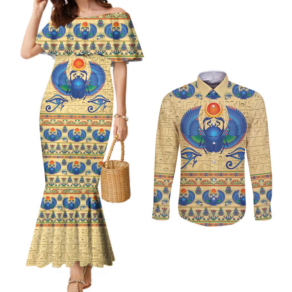Ancient Egypt Scarab Beetle Couples Matching Mermaid Dress and Long Sleeve Button Shirt