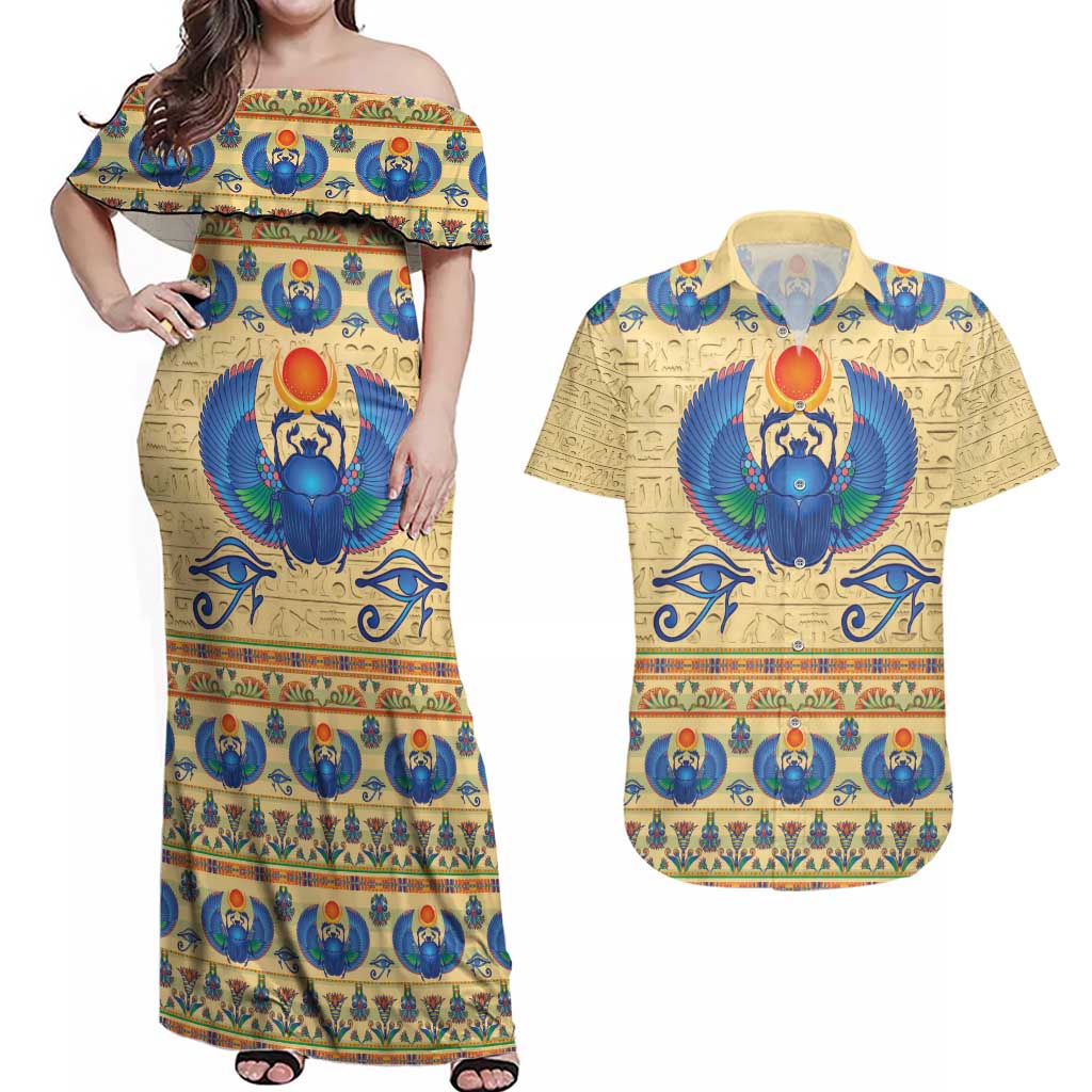 Ancient Egypt Scarab Beetle Couples Matching Off Shoulder Maxi Dress and Hawaiian Shirt LT9 - Wonder Print Shop