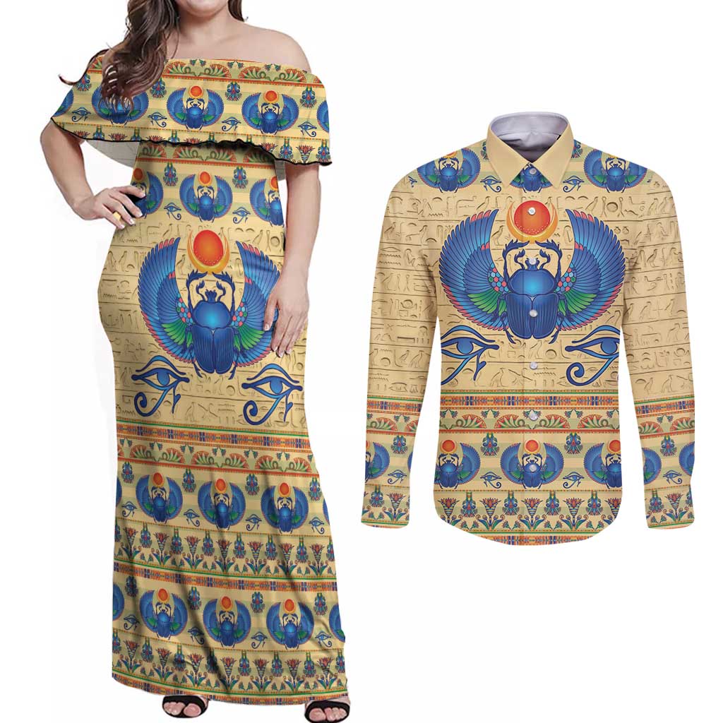 Ancient Egypt Scarab Beetle Couples Matching Off Shoulder Maxi Dress and Long Sleeve Button Shirt LT9 - Wonder Print Shop