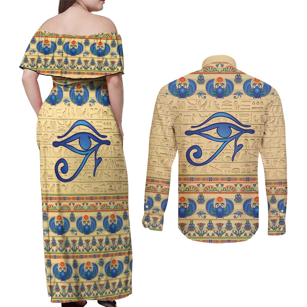 Ancient Egypt Scarab Beetle Couples Matching Off Shoulder Maxi Dress and Long Sleeve Button Shirt LT9 - Wonder Print Shop