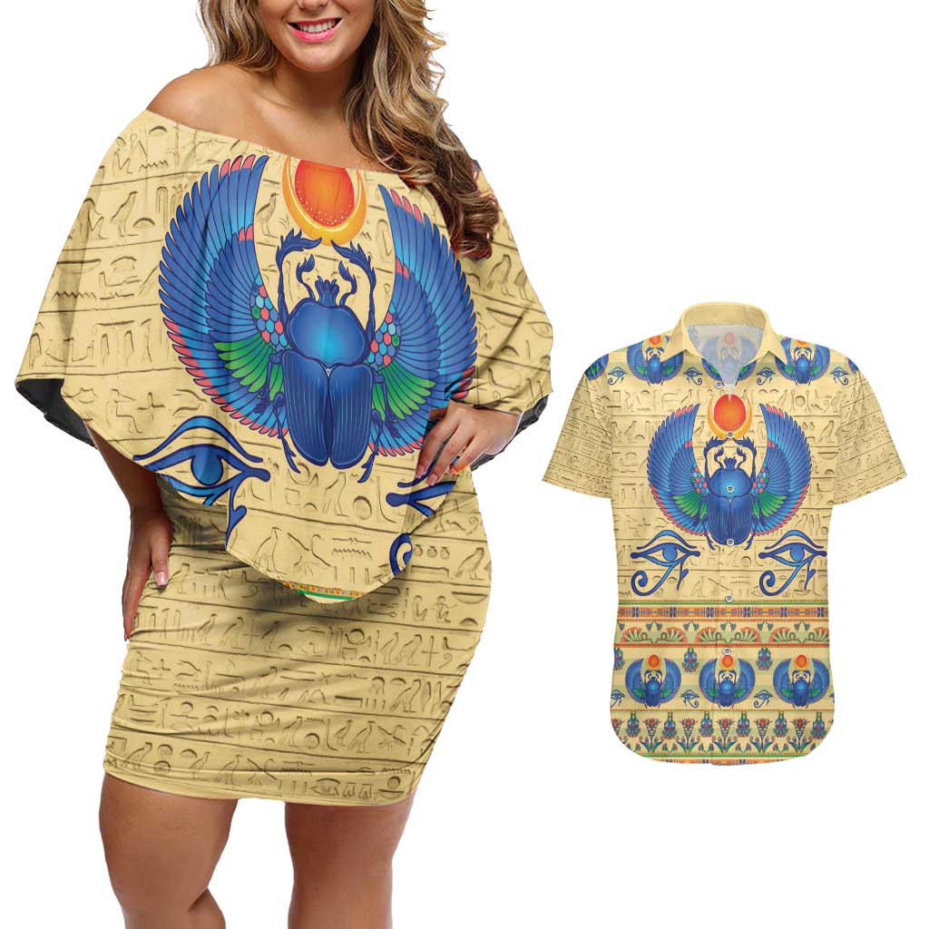 Ancient Egypt Scarab Beetle Couples Matching Off Shoulder Short Dress and Hawaiian Shirt LT9 - Wonder Print Shop