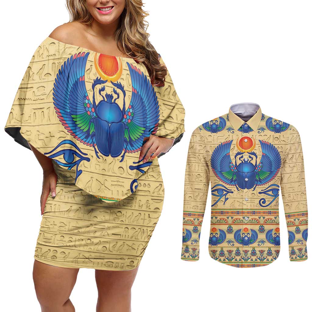 Ancient Egypt Scarab Beetle Couples Matching Off Shoulder Short Dress and Long Sleeve Button Shirt LT9 - Wonder Print Shop