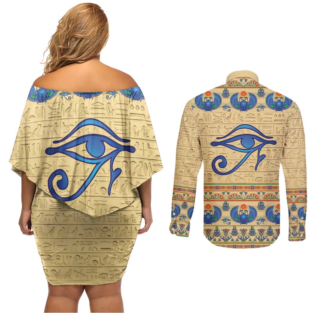 Ancient Egypt Scarab Beetle Couples Matching Off Shoulder Short Dress and Long Sleeve Button Shirt LT9 - Wonder Print Shop