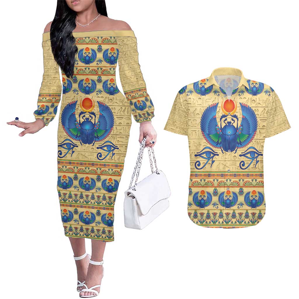 Ancient Egypt Scarab Beetle Couples Matching Off The Shoulder Long Sleeve Dress and Hawaiian Shirt LT9 - Wonder Print Shop
