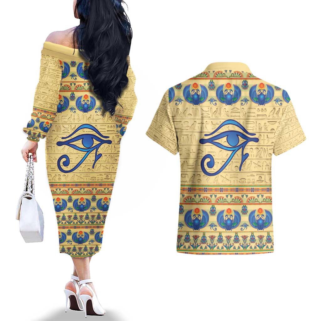 Ancient Egypt Scarab Beetle Couples Matching Off The Shoulder Long Sleeve Dress and Hawaiian Shirt LT9 - Wonder Print Shop