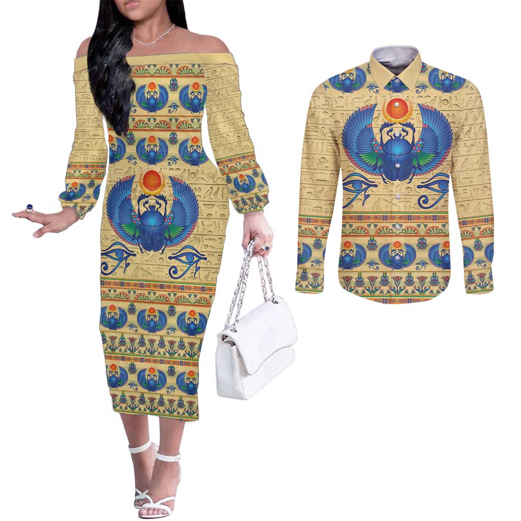 Ancient Egypt Scarab Beetle Couples Matching Off The Shoulder Long Sleeve Dress and Long Sleeve Button Shirt