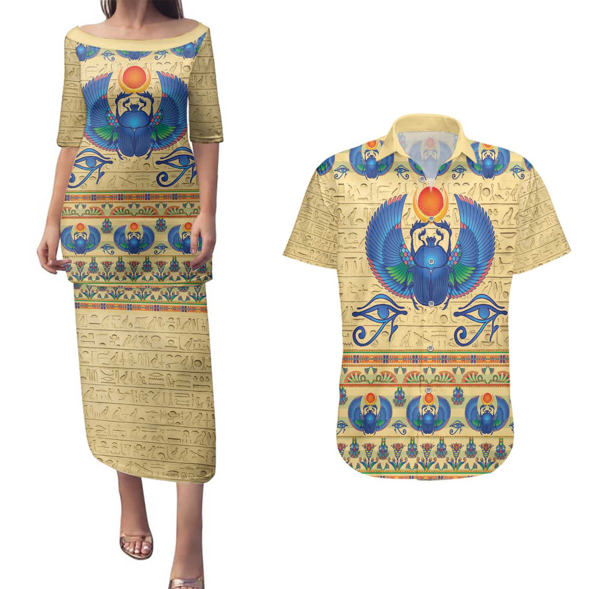 Ancient Egypt Scarab Beetle Couples Matching Puletasi and Hawaiian Shirt LT9 - Wonder Print Shop