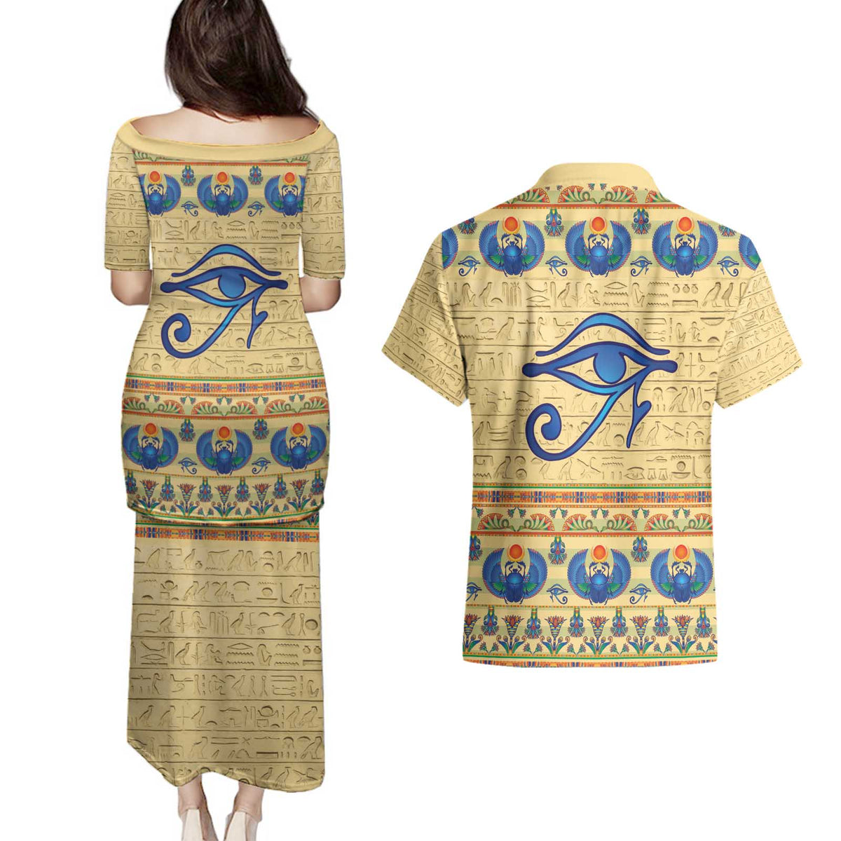 Ancient Egypt Scarab Beetle Couples Matching Puletasi and Hawaiian Shirt LT9 - Wonder Print Shop