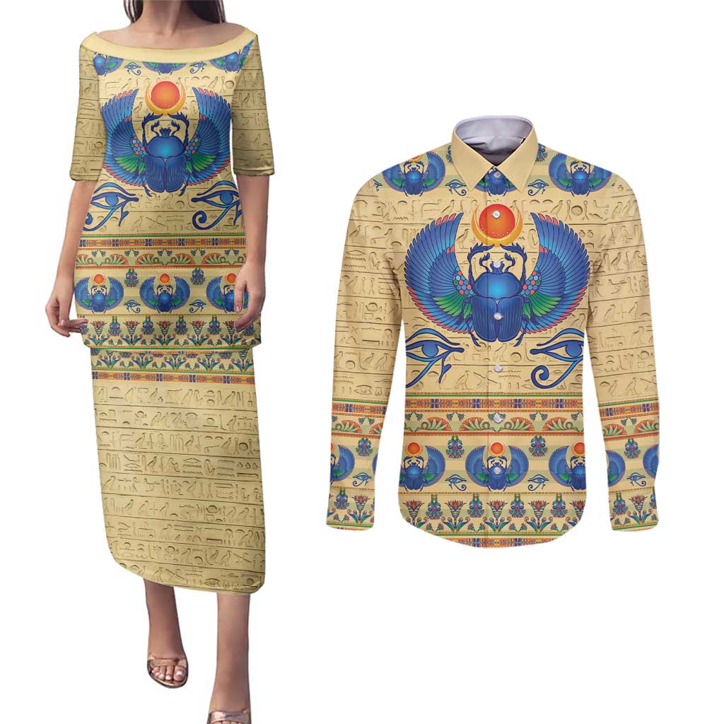 Ancient Egypt Scarab Beetle Couples Matching Puletasi and Long Sleeve Button Shirt LT9 - Wonder Print Shop