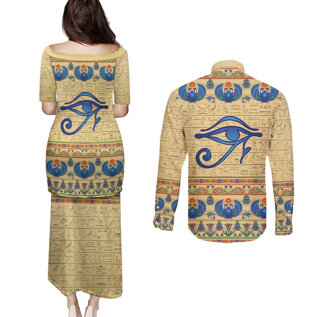 Ancient Egypt Scarab Beetle Couples Matching Puletasi and Long Sleeve Button Shirt LT9 - Wonder Print Shop