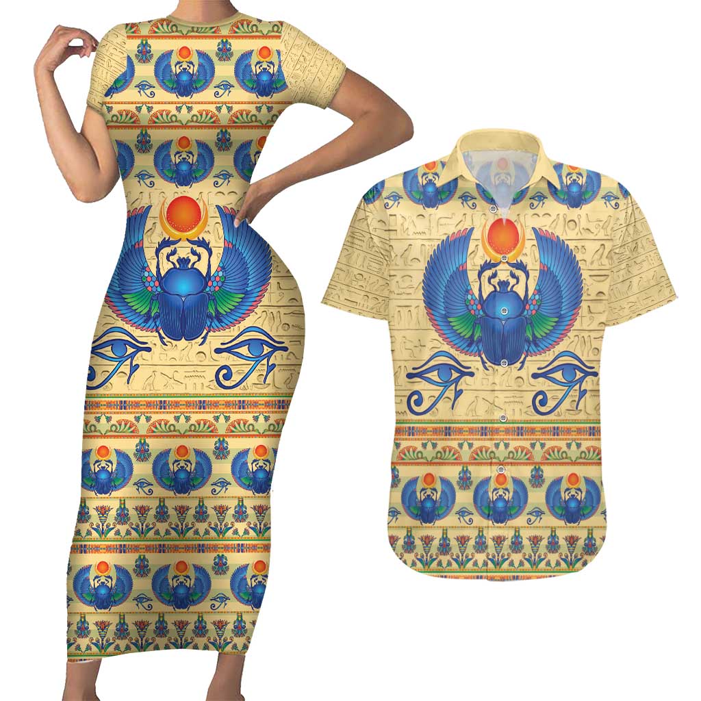 Ancient Egypt Scarab Beetle Couples Matching Short Sleeve Bodycon Dress and Hawaiian Shirt LT9 - Wonder Print Shop