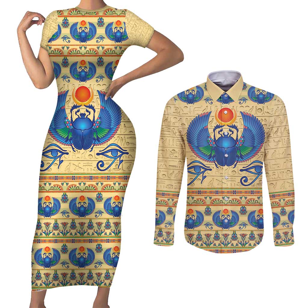 Ancient Egypt Scarab Beetle Couples Matching Short Sleeve Bodycon Dress and Long Sleeve Button Shirt LT9 - Wonder Print Shop