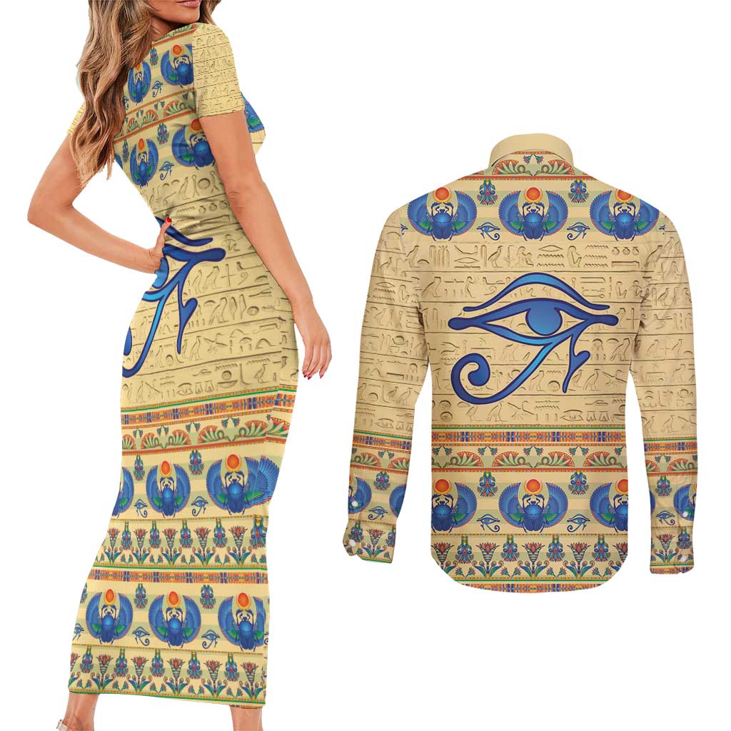 Ancient Egypt Scarab Beetle Couples Matching Short Sleeve Bodycon Dress and Long Sleeve Button Shirt LT9 - Wonder Print Shop