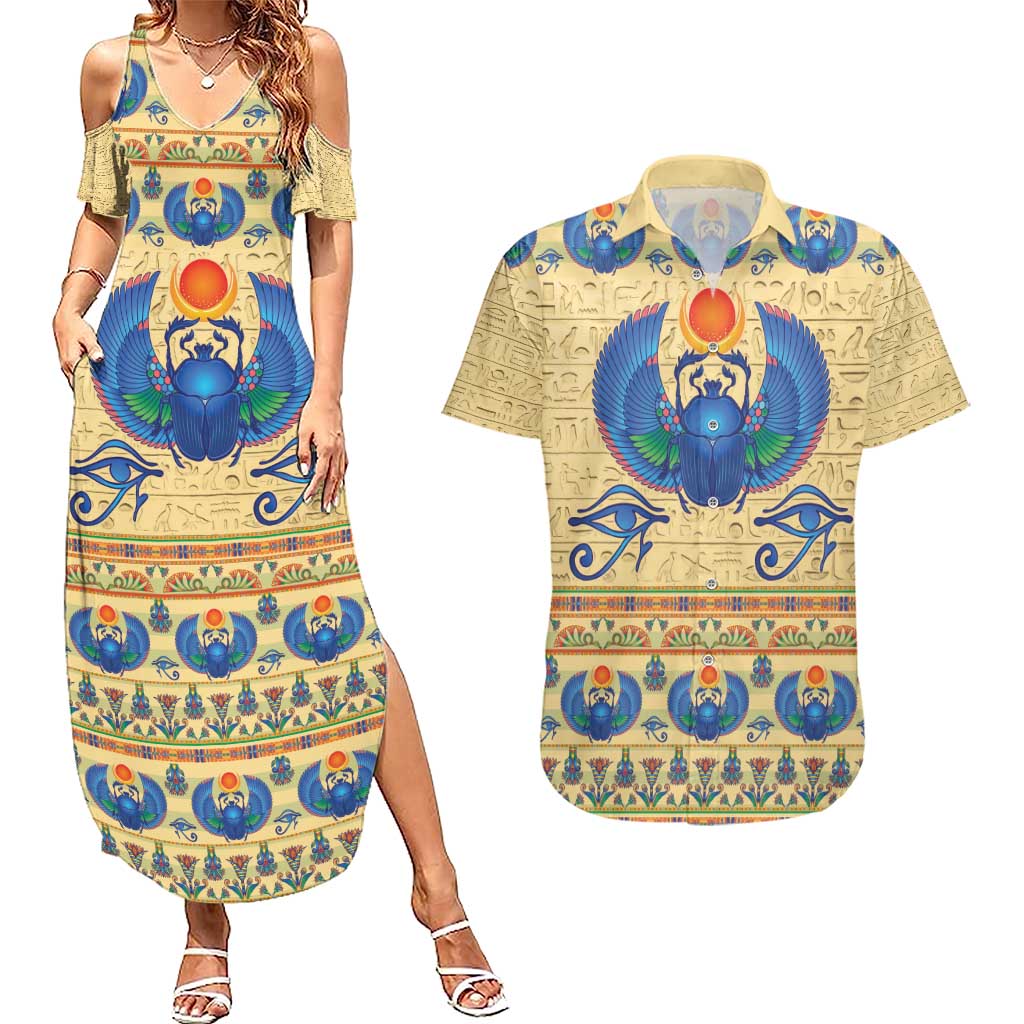 Ancient Egypt Scarab Beetle Couples Matching Summer Maxi Dress and Hawaiian Shirt LT9 - Wonder Print Shop