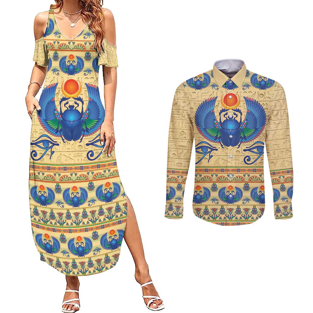 Ancient Egypt Scarab Beetle Couples Matching Summer Maxi Dress and Long Sleeve Button Shirt LT9 - Wonder Print Shop