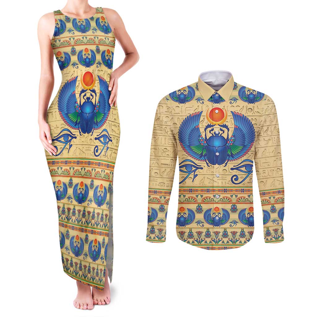 Ancient Egypt Scarab Beetle Couples Matching Tank Maxi Dress and Long Sleeve Button Shirt LT9 - Wonder Print Shop