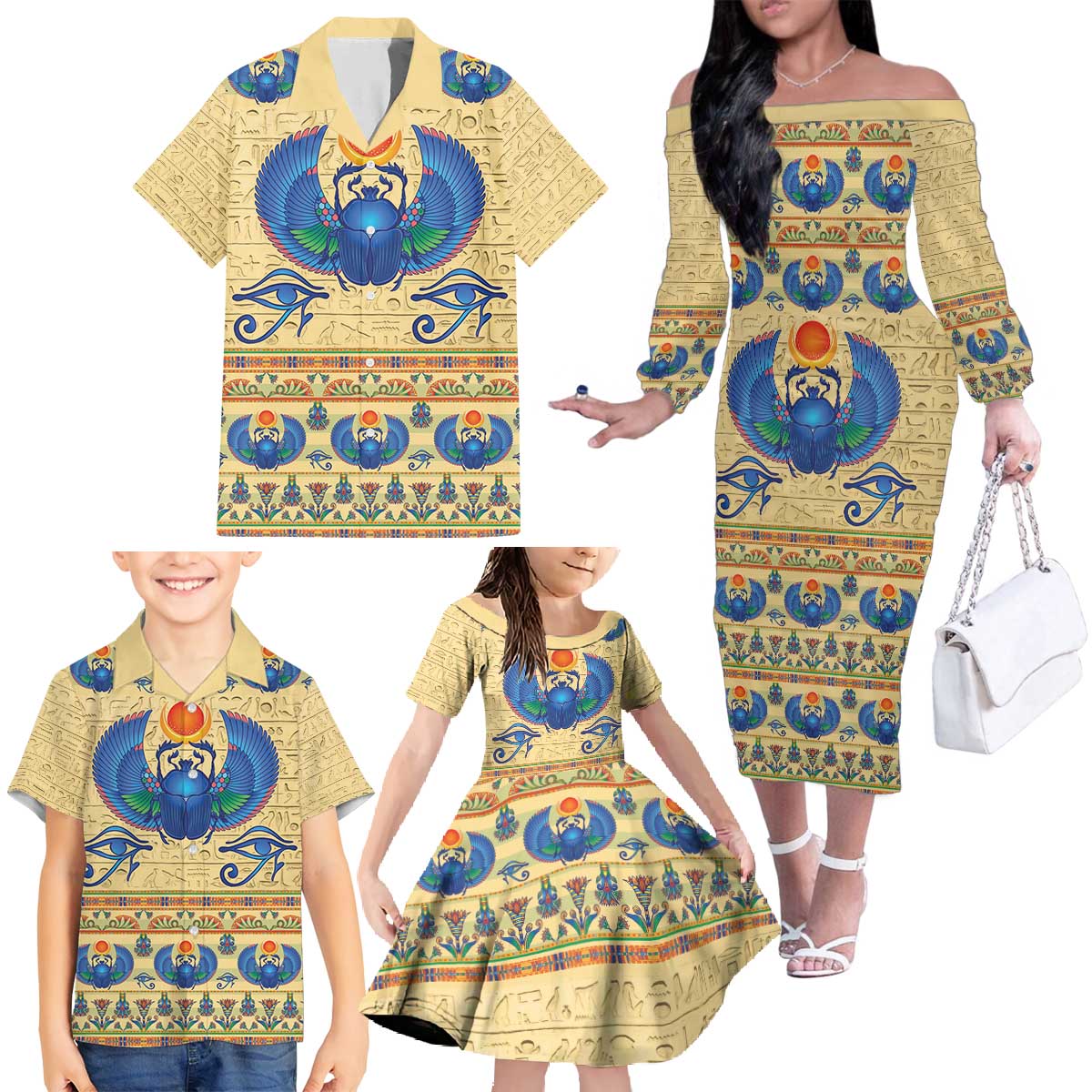 Ancient Egypt Scarab Beetle Family Matching Off The Shoulder Long Sleeve Dress and Hawaiian Shirt - Wonder Print Shop