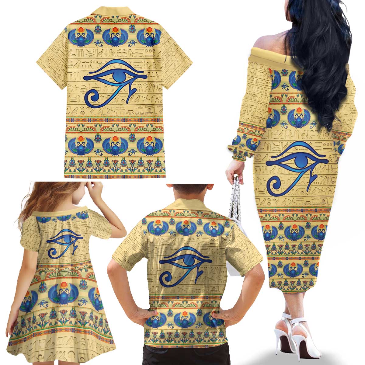Ancient Egypt Scarab Beetle Family Matching Off The Shoulder Long Sleeve Dress and Hawaiian Shirt - Wonder Print Shop