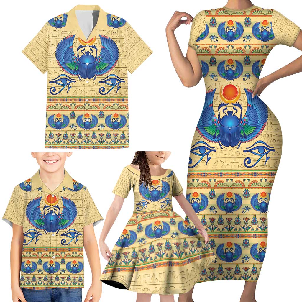 Ancient Egypt Scarab Beetle Family Matching Short Sleeve Bodycon Dress and Hawaiian Shirt - Wonder Print Shop