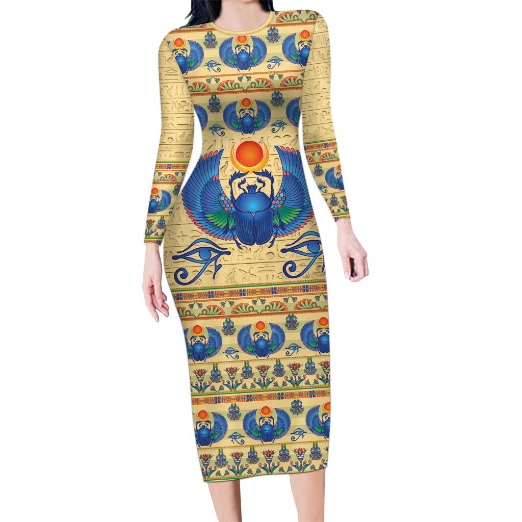 Ancient Egypt Scarab Beetle Long Sleeve Bodycon Dress - Wonder Print Shop