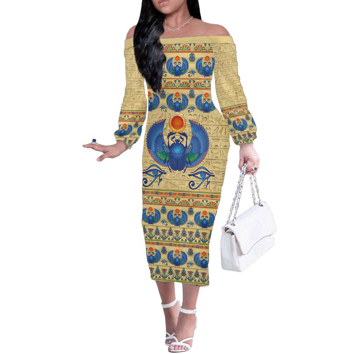 Ancient Egypt Scarab Beetle Off The Shoulder Long Sleeve Dress - Wonder Print Shop