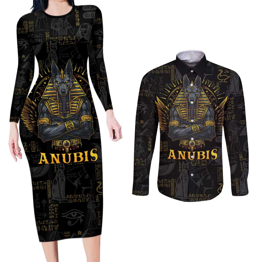 Anubis Egyptian God of Death Couples Matching Long Sleeve Bodycon Dress and Long Sleeve Button Shirt LT9 - Wonder Print Shop