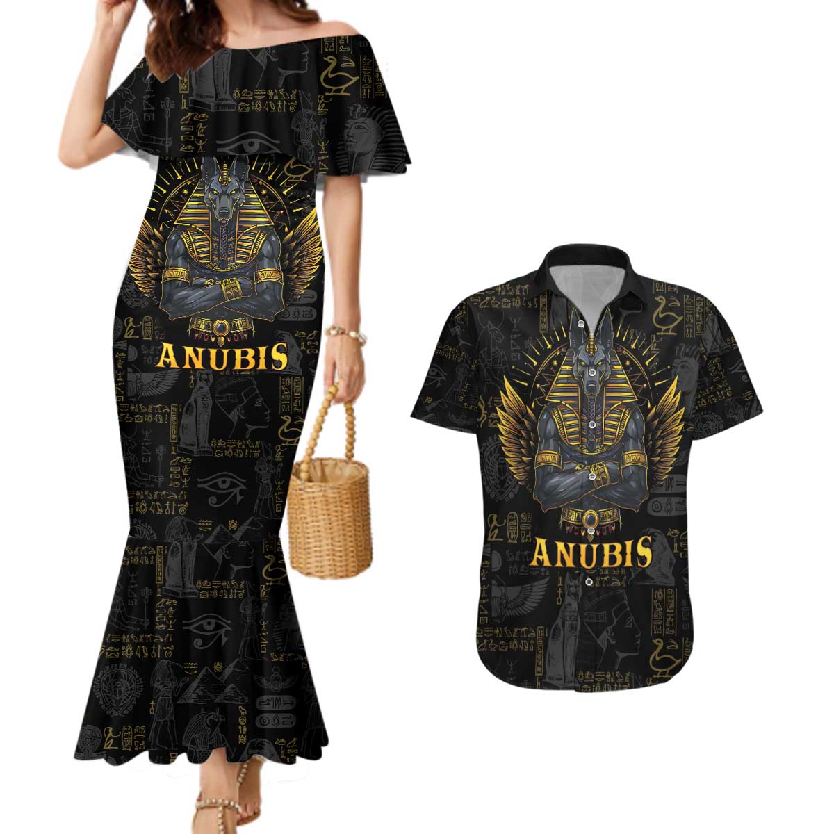Anubis Egyptian God of Death Couples Matching Mermaid Dress and Hawaiian Shirt LT9 - Wonder Print Shop