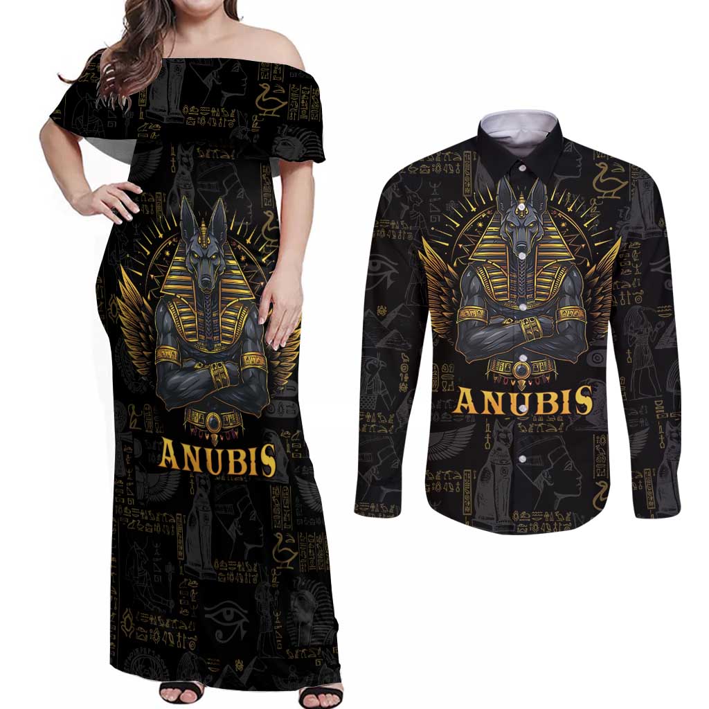 Anubis Egyptian God of Death Couples Matching Off Shoulder Maxi Dress and Long Sleeve Button Shirt LT9 - Wonder Print Shop