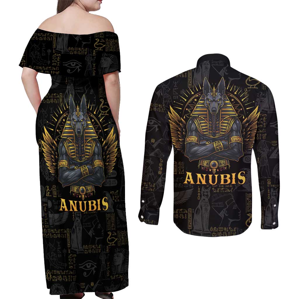 Anubis Egyptian God of Death Couples Matching Off Shoulder Maxi Dress and Long Sleeve Button Shirt LT9 - Wonder Print Shop