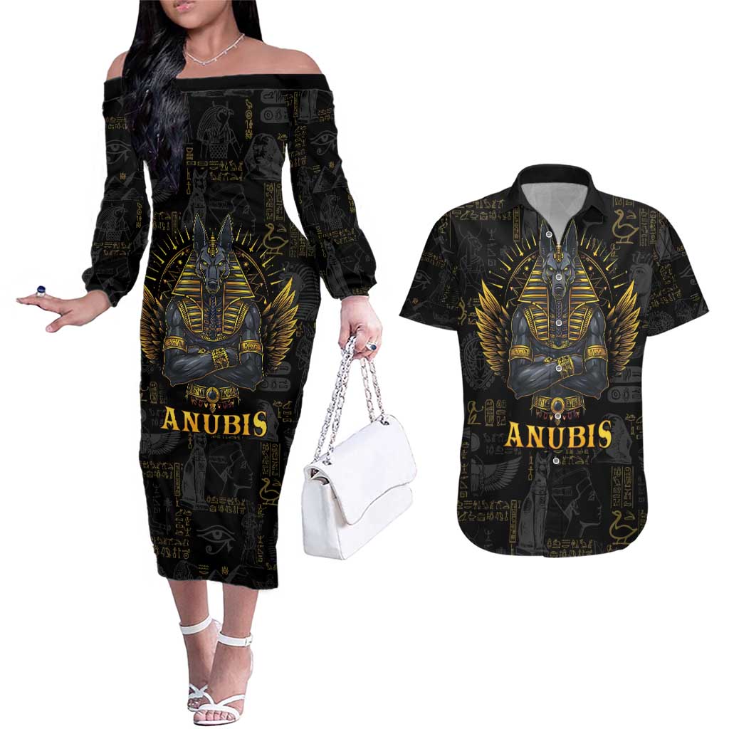 Anubis Egyptian God of Death Couples Matching Off The Shoulder Long Sleeve Dress and Hawaiian Shirt LT9 - Wonder Print Shop