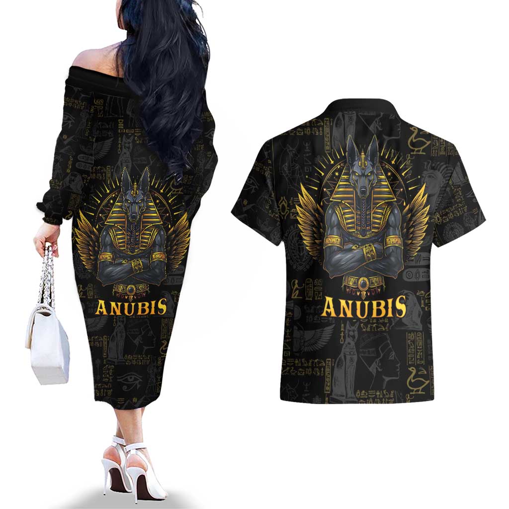 Anubis Egyptian God of Death Couples Matching Off The Shoulder Long Sleeve Dress and Hawaiian Shirt LT9 - Wonder Print Shop