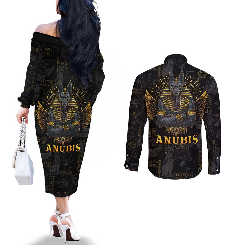 Anubis Egyptian God of Death Couples Matching Off The Shoulder Long Sleeve Dress and Long Sleeve Button Shirt