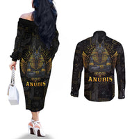 Anubis Egyptian God of Death Couples Matching Off The Shoulder Long Sleeve Dress and Long Sleeve Button Shirt
