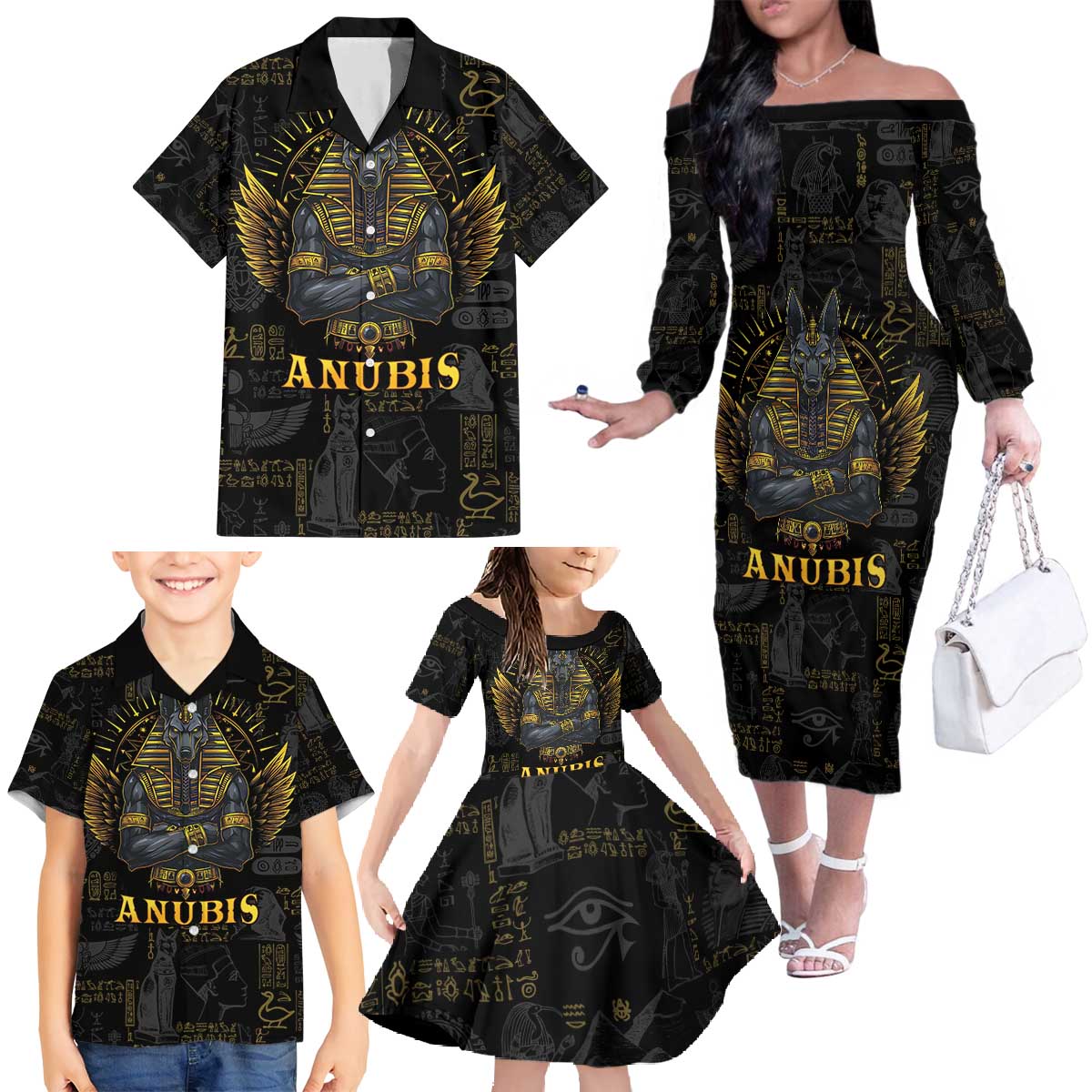 Anubis Egyptian God of Death Family Matching Off The Shoulder Long Sleeve Dress and Hawaiian Shirt - Wonder Print Shop