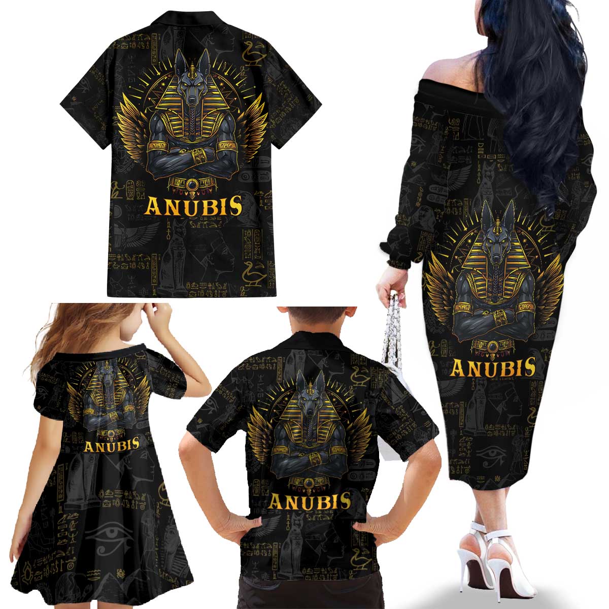 Anubis Egyptian God of Death Family Matching Off The Shoulder Long Sleeve Dress and Hawaiian Shirt - Wonder Print Shop