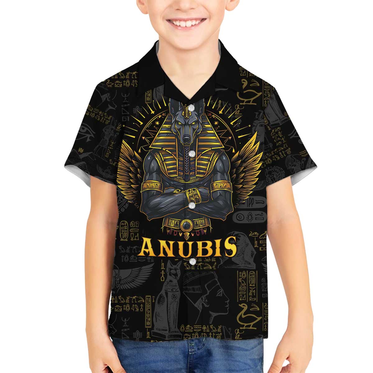 Anubis Egyptian God of Death Family Matching Off The Shoulder Long Sleeve Dress and Hawaiian Shirt - Wonder Print Shop