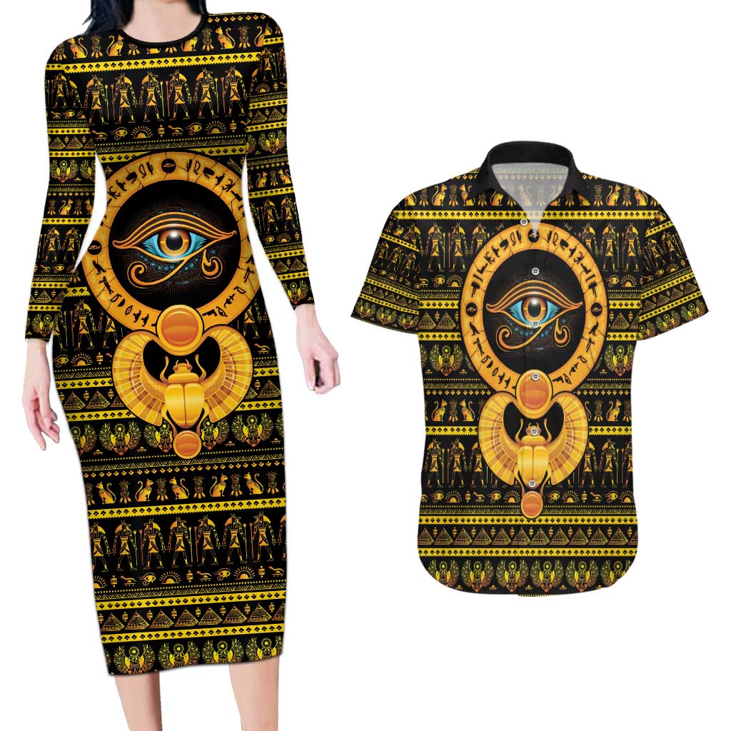 Egyptian God of The Sun Eye of Ra Couples Matching Long Sleeve Bodycon Dress and Hawaiian Shirt LT9 - Wonder Print Shop