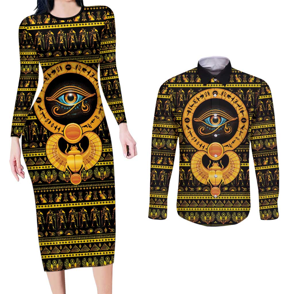 Egyptian God of The Sun Eye of Ra Couples Matching Long Sleeve Bodycon Dress and Long Sleeve Button Shirt LT9 - Wonder Print Shop