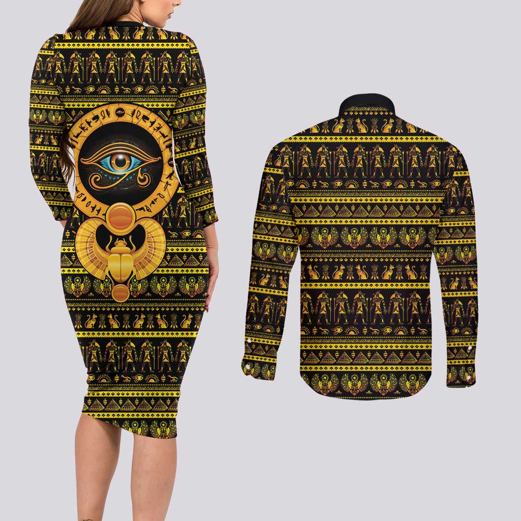 Egyptian God of The Sun Eye of Ra Couples Matching Long Sleeve Bodycon Dress and Long Sleeve Button Shirt LT9 - Wonder Print Shop