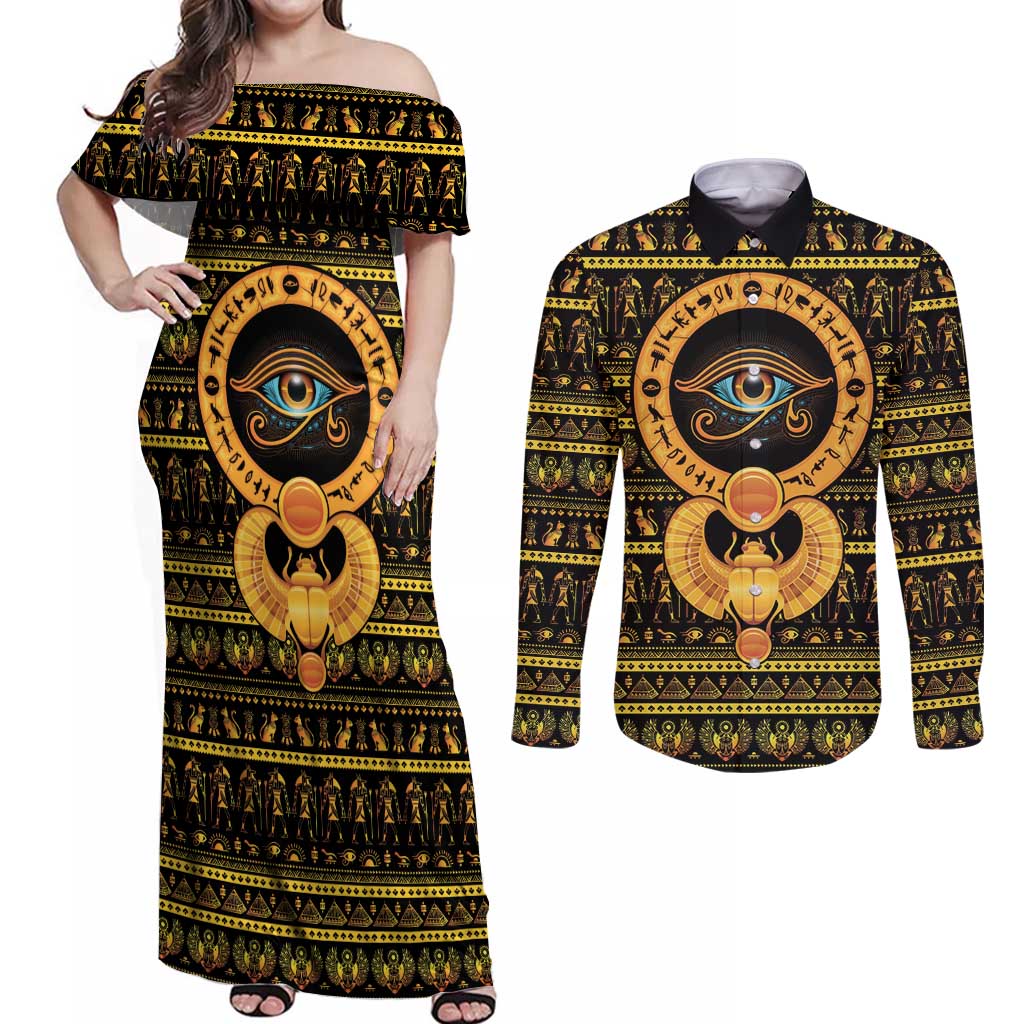 Egyptian God of The Sun Eye of Ra Couples Matching Off Shoulder Maxi Dress and Long Sleeve Button Shirt LT9 - Wonder Print Shop